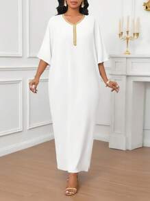 SHEIN Lady 金色织带领白色超长女式连衣裙