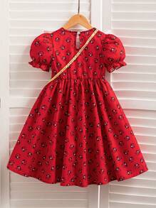 SHEIN Kleine Mädchen Olivgrüne Abaya Kaftan Jalabiya Outfit im Mittleren Osten-Stil für Ramadan, Kleid mit Blümchen Weitrock und Bibform, Rüschenkante, bequem und geeignet für Ausflüge mit Tasche, Goldverziertes Band