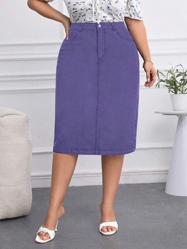 SHEIN Privé Plus Size Women Straight Knee-Length Denim Skirt, Stretchy & Fashion