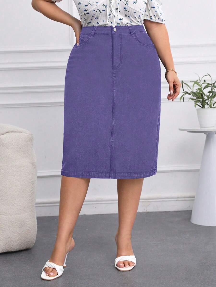 SHEIN Privé Plus Size Women Straight Knee-Length Denim Skirt, Stretchy & Fashion - Purple - View 1