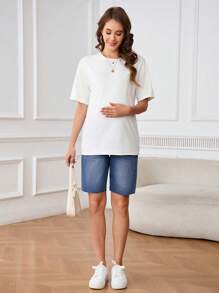 SHEIN Adjustable Waist Pregnancy Denim Shorts With Pockets, Casual