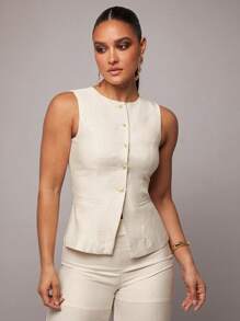 Silquee Women Summer Solid Color Single-Breasted Vest & Pants Suit Office Commuting Set, Autumn/Winter Suit, Spring/Summer Linen Tops + Trousers