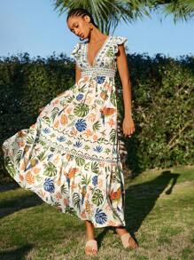 Travachic Women's V-Neck Tropical Floral Print Ruffle Sleeve Casual Vacation Dress,Casual Holiday Wear,Summer Outfits For Women