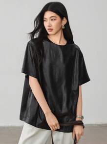 Dazy-Less 休闲正式宽松简约 PU 短袖圆领女式 T 恤、教师服装