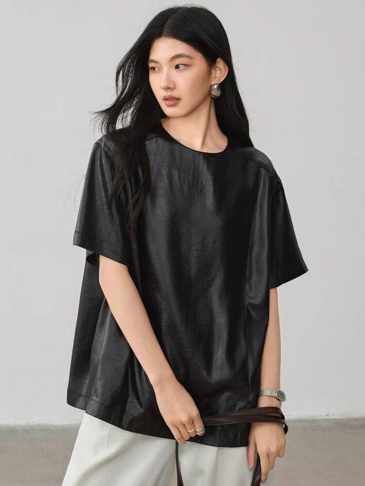 Casual & Formal Loose Minimalist PU Short Sleeve Round Neck Women T-Shirt, Teacher Business Casual Woman