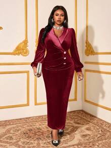 SHEIN Lady Autumn And Winter Elegant Party Cocktail Party Cblack Silver Knitted Velvet Sequins Straight Sequin Midi Length Sleeve Plus Size Dresses New Year Dress Plus Size Dresses Party - Red - View 4