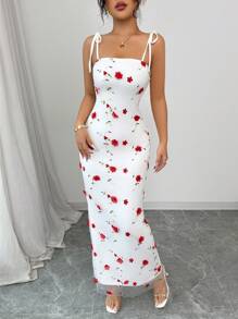 Elenzga 女士细肩带系腰简约修身长裙 - 白色 - 查看 4