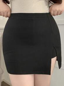 Dazy Plus تنورة قصيرة بلون سادة قابلة للتقسيم، متعددة الاستخدامات لجميع الفصول، تنانير الخريف - الأسود - مشاهدة 4