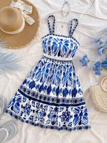 Soleia Vestido mini con tirantes y espalda descubierta con estampado de patrones, estilo vacacional versátil