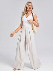 SHEIN LUNE 高腰褶皱斜口袋阔腿裤，女士优雅休闲度假长裤 - 杏色 - 查看 1