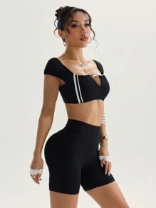 SHEIN Sport Studio 2 Pieces Set: Contrast Color Elastic Off Shoulder Top And Regular Fitted Workout Shorts