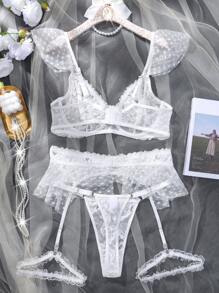 5pcs Set Lace Patchwork White Classic Sexy Wedding Lingerie Set - White - View 2