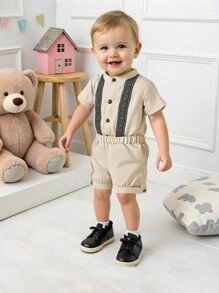 2pcs Boys Casual Woven Romper & Shorts Set, Summer