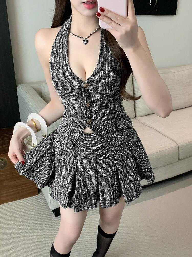 Women's 2pcs Set Plaid Patchwork Halter Backless Top And Pleated Skirt Suit For Wedding Party Summer