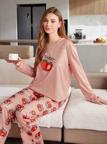 Women's Casual Fashion Strawberry Print Long Sleeve Pajama Set - Pink - View 7