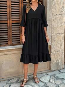 EMERY ROSE Women V-Neck Pleated Simple Casual Mid-Long Dress - Black - View 4