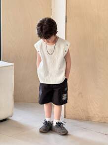 SHEIN 1pc Young Boys Comfortable Daily Versatile Japanese And Korean Style Simple Casual Texture Fabric Round Neck Sleeveless Knitted Top T-Shirt, Suitable For Spring And Summer Seasons, Daily Life, Sports, Campus, Gatherings, Festivals, Performances, Photography, Back To School Season - White - View 5