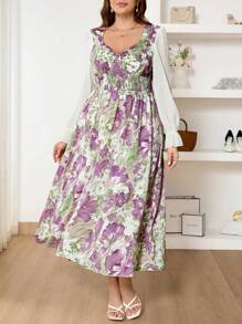 SHEIN Frenchy Robe de femme grande taille élégante et romantique avec impression de surpiqûre, bordure de taille, couleur bloc, col V en mousseline, modeste, convient pour la Saint-Valentin