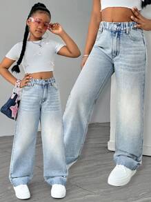Sparklyn Tween Girls' Loose Fit Wide Leg Light Blue Denim Jeans With Pockets, Versatile For Everyday Wear, All Season