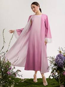 Graceveil Set de 2 piezas: Chaqueta con mangas largas y dobladillo de pelo degradado y vestido, estilo minimalista