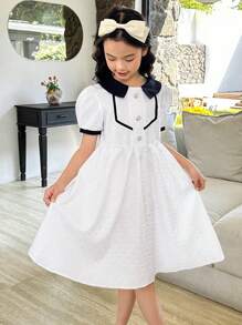 SHEIN Preteen Girls' Sweet Office Textured Fabric Collared Dress - White - View 1
