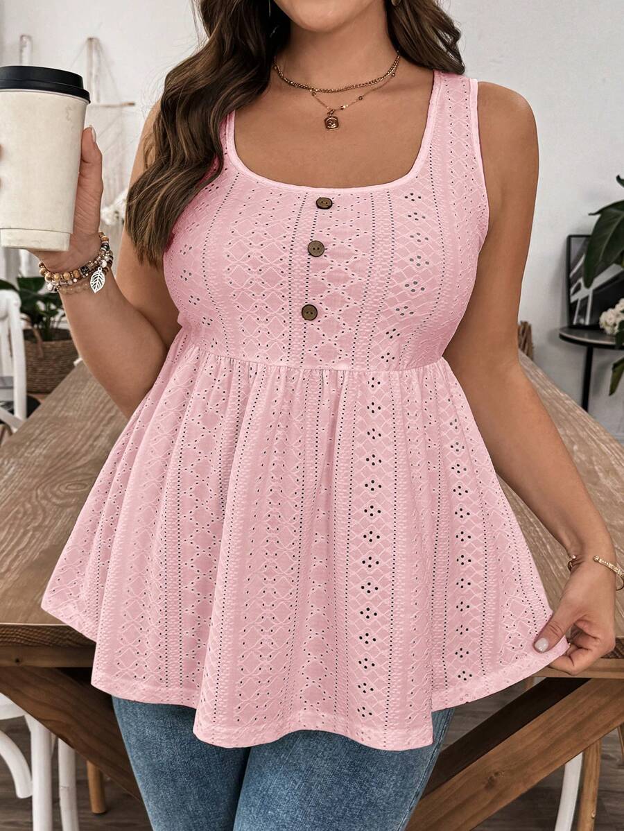 SHEIN LUNE Plus Size Solid Color Front Button Plain Casual Camisole - Pink - View 1