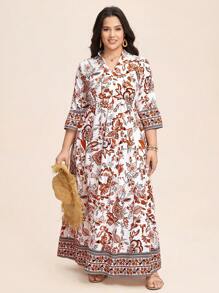 SHEIN LUNE Notched V-Neck Printed Long Dress Ramadan Summer/Spring Clothes - Multicolor - View 1
