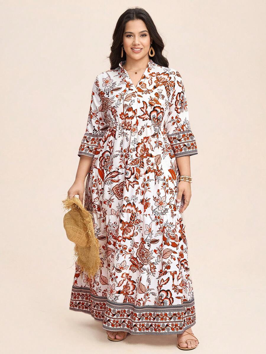 SHEIN LUNE Notched V-Neck Printed Long Dress Ramadan Summer/Spring Clothes - Multicolor - View 1