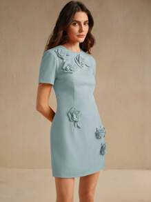 Anewsta 1 件女士优雅腰部红色短袖圣诞连衣裙，带有 3D 花卉装饰，适合新年衣服 - 藍色 - 查看 4