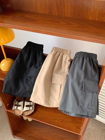 SHEIN Leap Crew 3 件套年轻男孩休闲舒适百搭柔软长裤短裤工作服立体口袋适合春秋季日常、学校、户外、体育活动