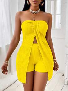 SOLERSUN 纯色扭纹前开叉绿色露肩上衣和短裤套装，采用纹理面料设计，适合居家休闲、海边度假、海滩旅行 - 黃色 - 查看 3