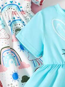 Vestido corto de manga corta con estampado de dibujos animados, casual de verano para niña bebé - Multicolor - Ver 3
