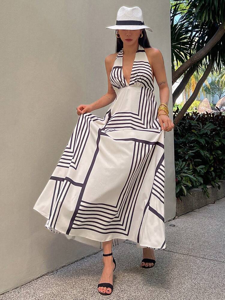Floral Backless Halter Dress, Boho Style Vacation Sleeveless Long Dress For Women, Summer Sundress,Casual Women Dresses Cruise Outfit For Women