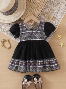 SHEIN Baby Girl Princess Red Color Block Dress Fashionable Suitable For Outdoor Wear - Black - View 2