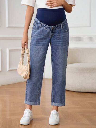 SHEIN Adjustable Waist Insert Pocket Straight Leg Casual Maternity Jeans