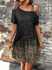 SHEIN LUNE Western Gold Glitter Print Open Shoulder Bodycon Mini Dress For Women - Black and Gold - View 3