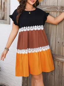 SHEIN LUNE Plus Size Women's Round Neck Contrast Lace Trim Ruffle Sleeve Loose Casual Smock Short Dress For Summer - Multicolor - View 5