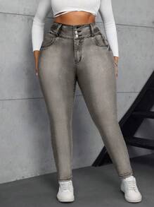 SHEIN SXY Jeans skinny de cintura alta con bolsillos decorados talla grande