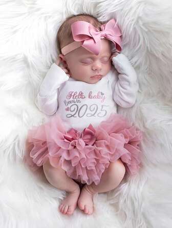 SHEIN Newborn Baby Girl Photography Props Coming Home Outfit 1 Month Baby Girl Romper Props With TUTU Skirt And Bow Headband Clothes Newborn Shower Gift, Birthday Outfit
