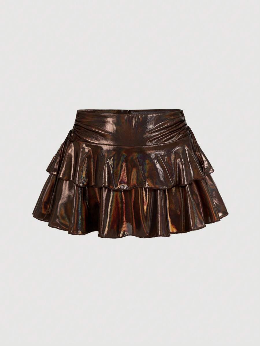 SHEIN MOD Women's Double Layer Brown-Gold Color Mini Skirt,Low Rise,Vacation, Holiday, Picnic, Date,Beach For Woman,Country Concert,Y2K,Old Money