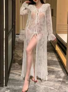 DAZY Romantic Lace Ruffled Lantern Sleeve Loose Long Bathrobe Pajama - White - View 6