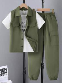 SHEIN Conjunto de 3 piezas para niño preadolescente: Chaleco de utilidad de verano + Camiseta de cuello redondo con estampado de letra + Pantalón de carga de utilidad