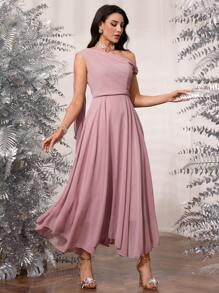 Modelyn Vestido de gasa con volante asimétrico en el hombro, cintura con volante y bajo acampanado, elegante para mujeres, vestido para invitados de boda