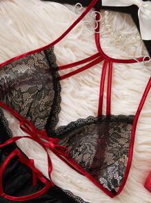 SilkySpell Conjunto de lencería de satén sexy con escote espalda descubierta y decoración de moño de dos tonos - Negro - Ver 4