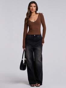 SHEIN BAE Vrouwen lente en zomer Franse kant V-hals, bruin gebreide top met lange mouwen, geschikt voor dagelijks woon-werkverkeer, kantoorkleding, kleding in oude geldstijl, - Bruin - Bekijken 1