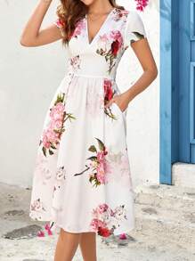 Ellevyn Robe midi évasée à imprimé floral avec col en V élégant pour femmes, avec ceinture, convient pour les vacances de printemps/été