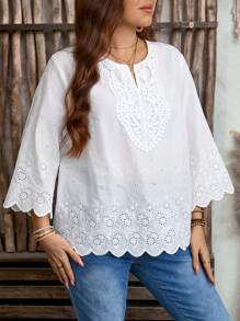 EMERY ROSE Plus Size Plain V-Neck Seashell Hem Casual Shirt,Boho For Women/Summer,Western Wear Women,Vacation Outfits Woman