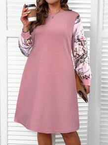 EMERY ROSE Plus Size Women's Solid Color Patchwork Crew Neck Long Sleeve Mini Casual Dress,Fall Clothes