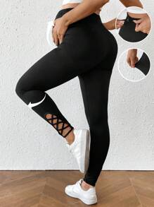 SHEIN Legginsy ciążowe w jednolitym kolorze z regulowanym stanem i kostką z wycięciem na krzyż - Czarne - Zobacz 1