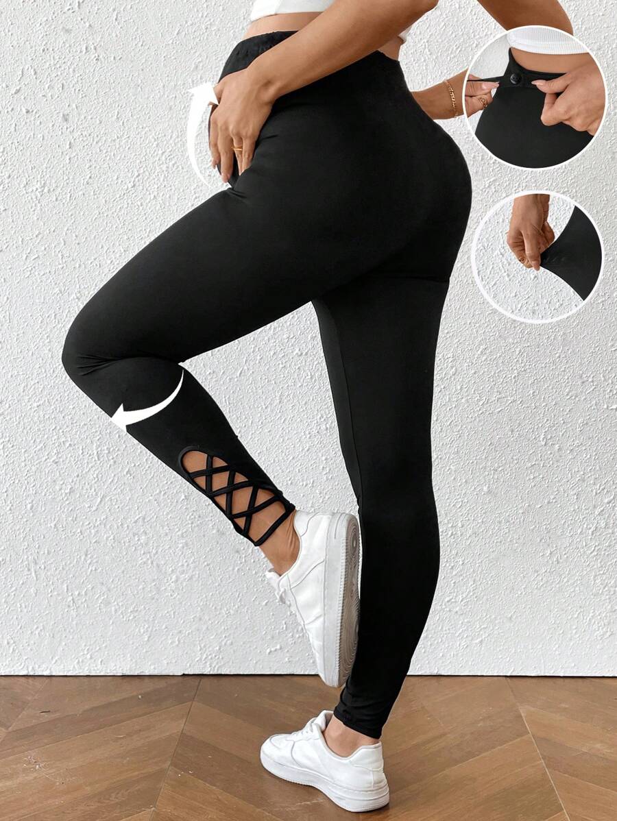 SHEIN Legginsy ciążowe w jednolitym kolorze z regulowanym stanem i kostką z wycięciem na krzyż - Czarne - Zobacz 1